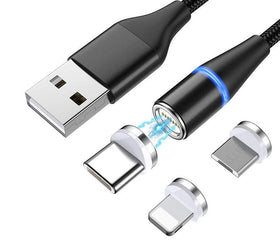 NÖRDIC USB2.0 Magnet kabel 3i1 Lightning(Non MFI), USB-C Micro USB 1m3A svart