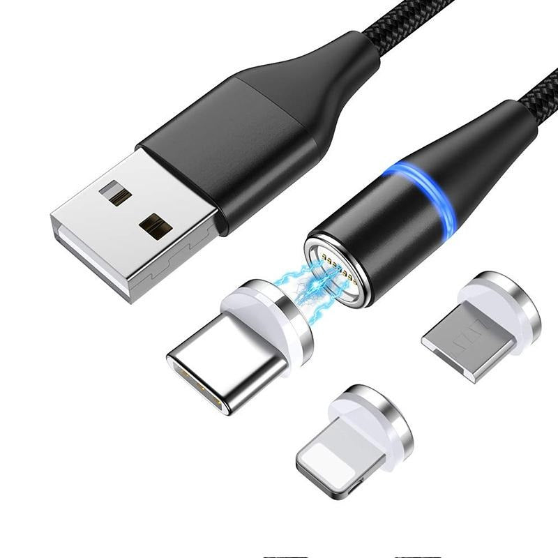 NÖRDIC USB2.0 Magnet kabel 3i1 Lightning(Non MFI), USB-C Micro USB 1m3A svart