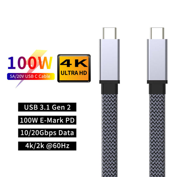 2m Platt USB3.2 Gen2 SuperSpeed USB 10Gbps USB-C till C nylonflätad kabel med Power Delivery 100W, 4K60Hz video och Emarker