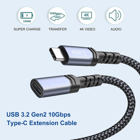 1m USB3.2 Gen2 SuperSpeed USB 10Gbps USB-C till C nylonflätad förlängningskabel med Power Delivery 100W, 4K60Hz video och Emarker