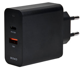 DELTACO USB-väggladdare med dubbla portar och PD, 1x USB-A, 1x USB-C, PD, 36 W, svart