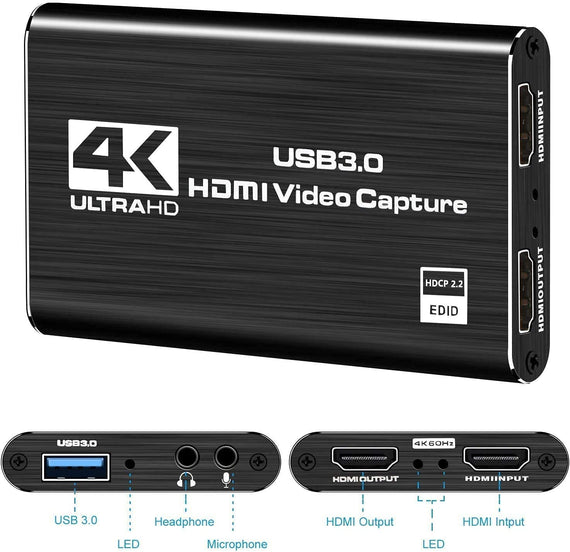 Video capture adapter USB3.0 HDMI output 4K 60Hz HDMI med Loop Mikrofon och audio out HDMI Signal Loop Out