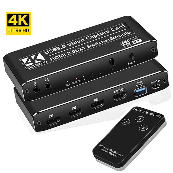 HDMI Switch 3 till 1 med Video Capture Card HDMI2.0 4K60Hz USB3.1 Mikrofon och Audio out HDMI Signal Loop Out HDR HDCP2.2 EDID RGB8:8:8