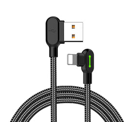 Mcdodo CA-4674   Vinklad Apple Lightning (Non MFI) till vinklad USB A kabel för synkning och snabb laddning med LED svart 50cm