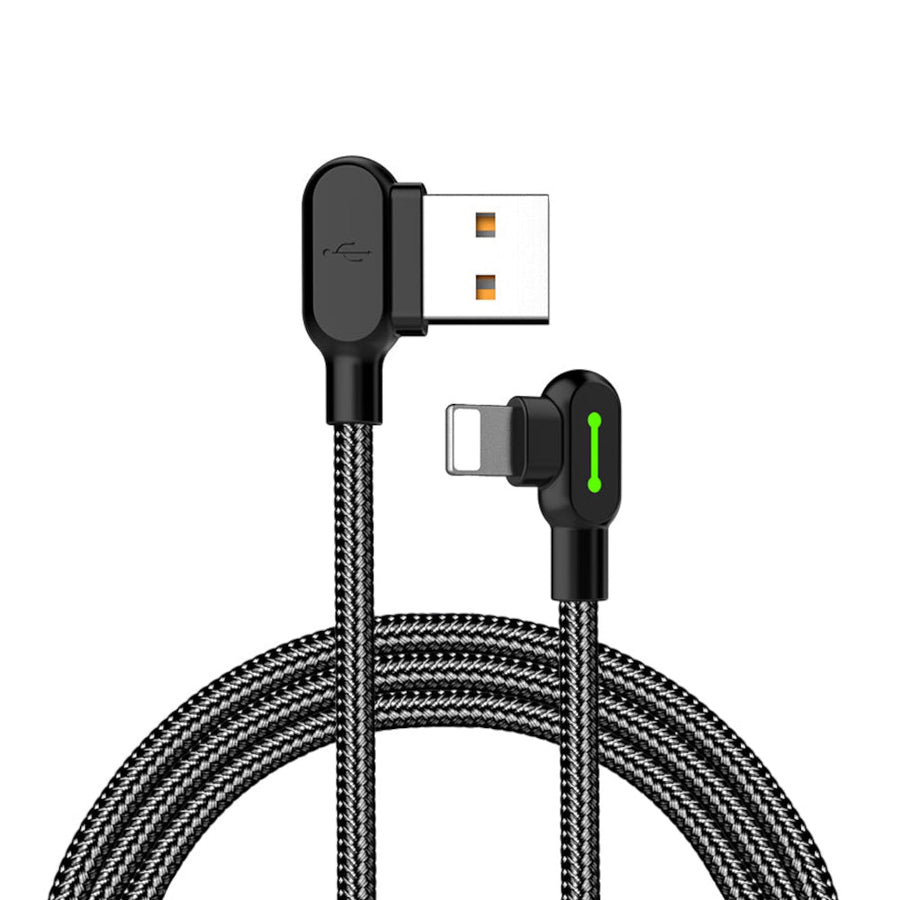 Mcdodo CA-4674   Vinklad Apple Lightning (Non MFI) till vinklad USB A kabel för synkning och snabb laddning med LED svart 50cm