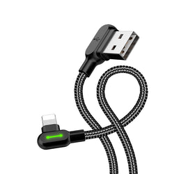 Mcdodo CA-4674   Vinklad Apple Lightning (Non MFI) till vinklad USB A kabel för synkning och snabb laddning med LED svart 50cm